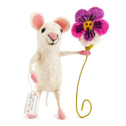 Felted mouse toy holding a flower with a visible brand tag on a white background