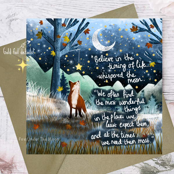 Greeting card with a fox under a moonlit sky, featuring text and gold foil details.