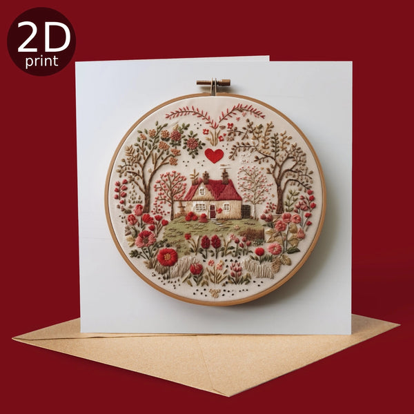 Embroidered Folk Cottage Greetings Card GP01