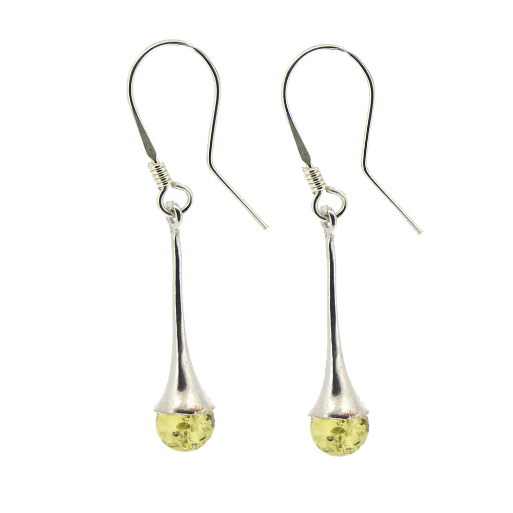 Silver earrings with yellow teardrop-shaped beads on a white background