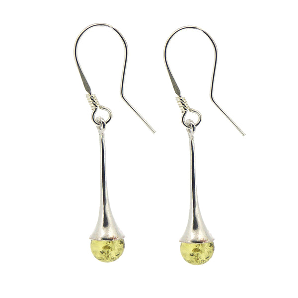 Silver earrings with yellow teardrop-shaped beads on a white background