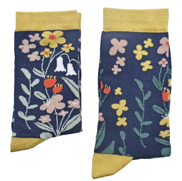 Blue Floral Bamboo Socks, Uk Size 3-7, Fair Trade, Code BFM