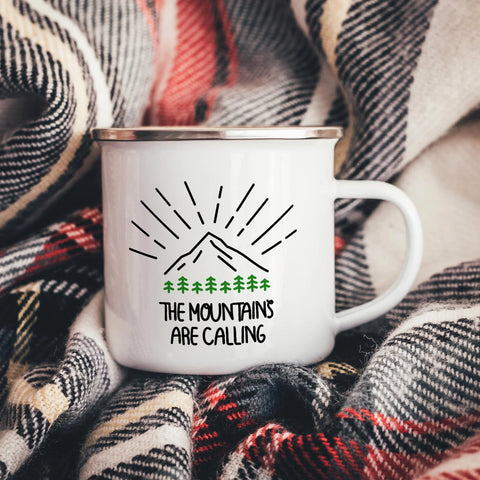 The Mountains are Calling Green Trees  Enamel Camper Mug