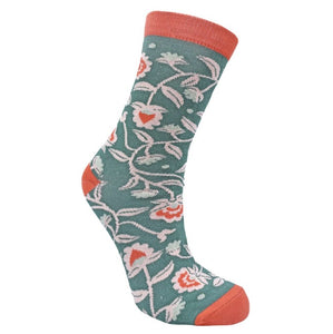 Green Floral Bamboo Socks, Uk Size 7-11, Fair Trade, Code GFL