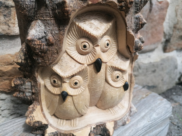 Owl Trio Carved Wooden Ornament