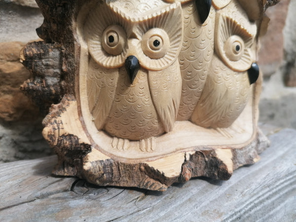 Owl Trio Carved Wooden Ornament