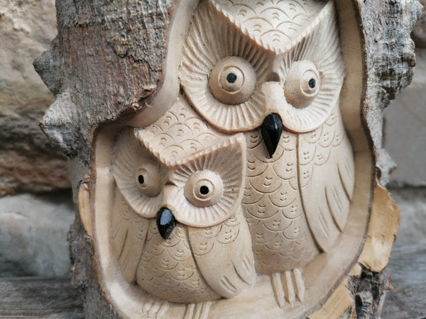 Owl Duo Carved Wooden Ornament