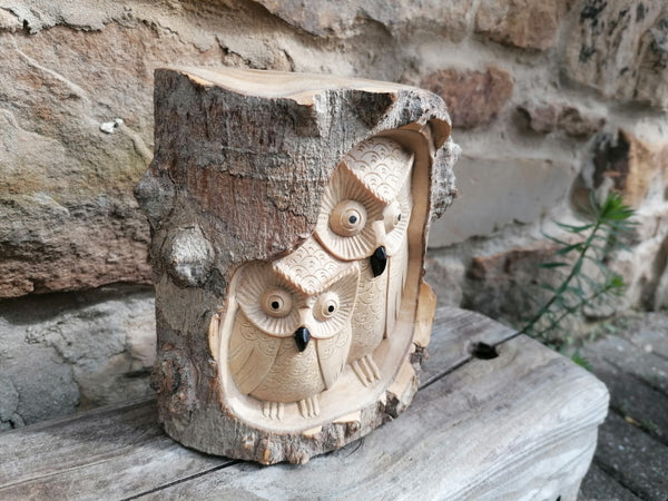 Owl Duo Carved Wooden Ornament