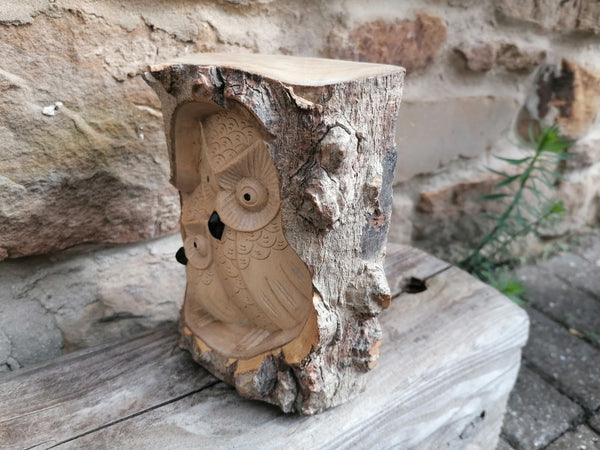 Owl Duo Carved Wooden Ornament