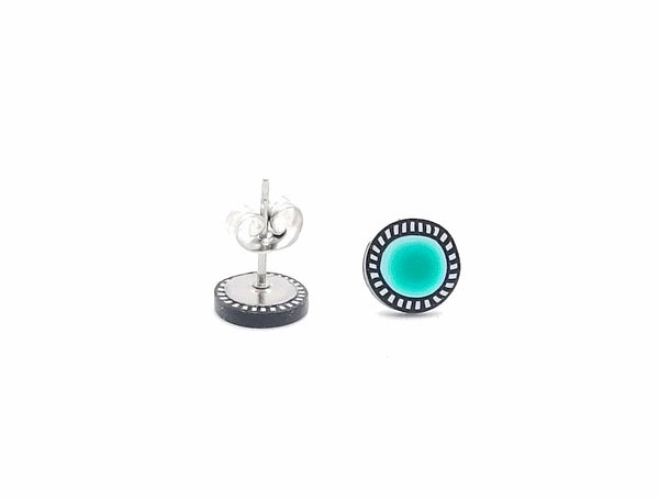 Teal circular earrings with silver posts on a white background