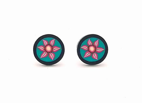 Pair of earrings with pink floral design on a turquoise background