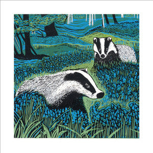Two badgers in a forest setting with blue and green colors.