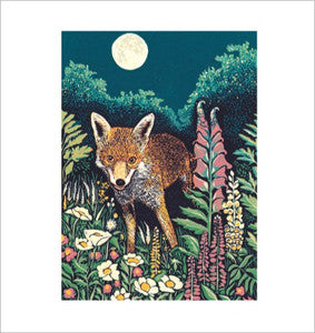 Fox in a forest with flowers and a moonlit sky