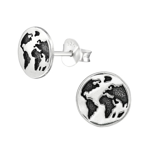 Globe Planet Earth Sterling Silver Stud Earrings