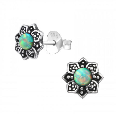 Faux Green Opal Flower Sterling Silver Stud Earrings