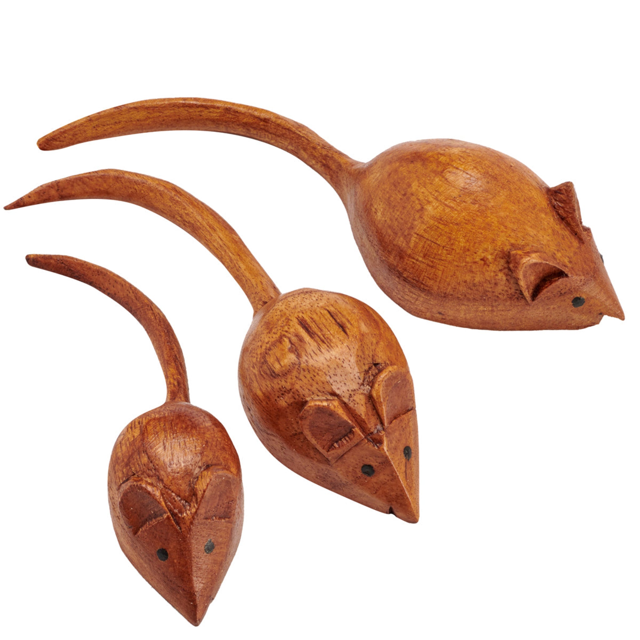 Three wooden mouse figurines on a white background