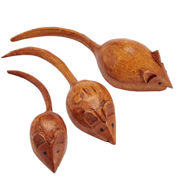 Three wooden mouse figurines on a white background