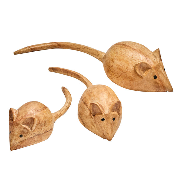 Two wooden mouse figures on a white background