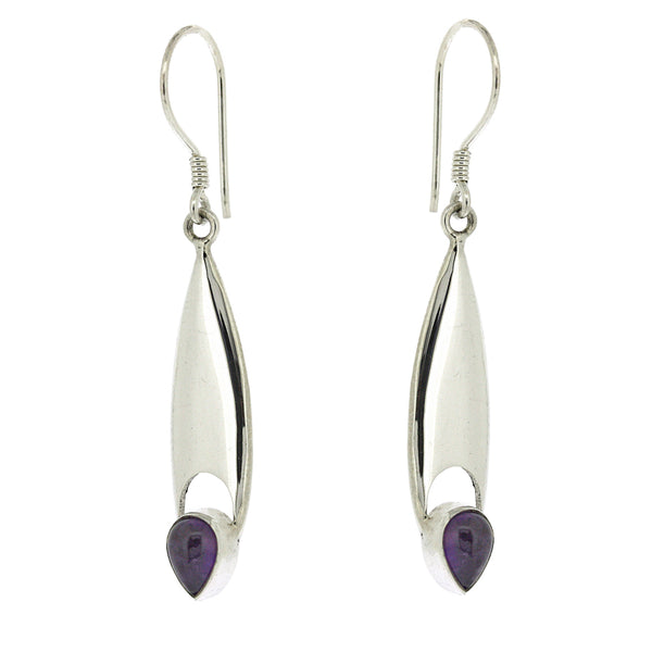 Silver earrings with purple gemstones on a white background