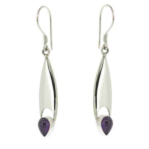Silver earrings with purple gemstones on a white background