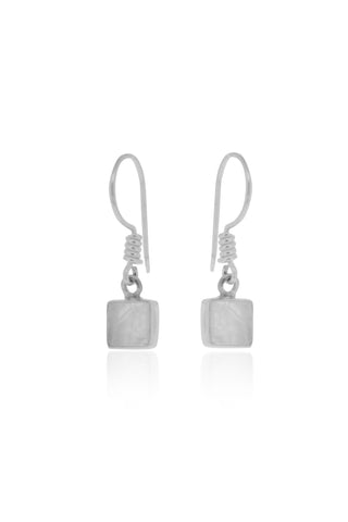 Pair of silver earrings with square pendants on a white background
