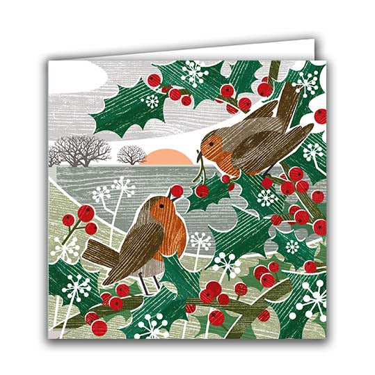 Robins in Holly Greetings Card