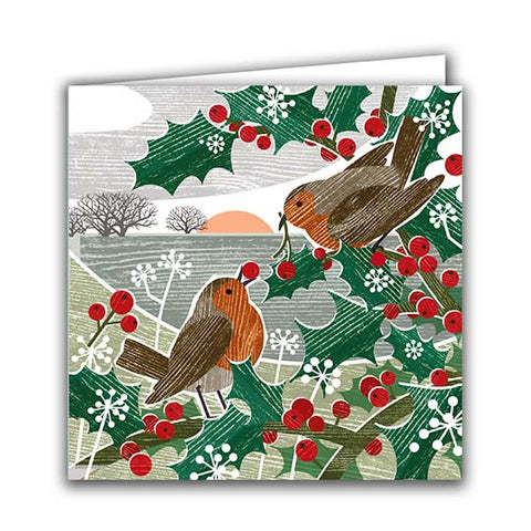 Robins in Holly Greetings Card