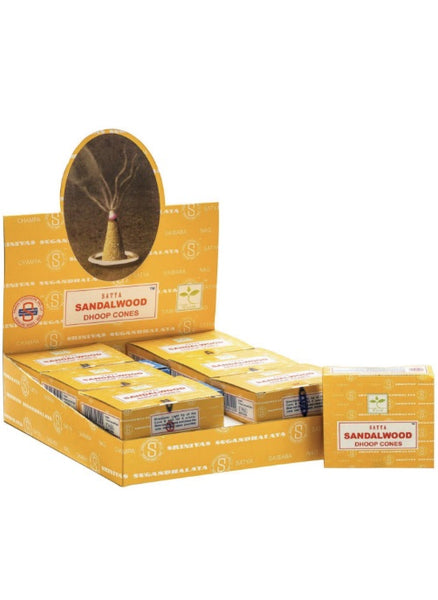 Display of Satya Sandalwood incense cones packaging on a white background