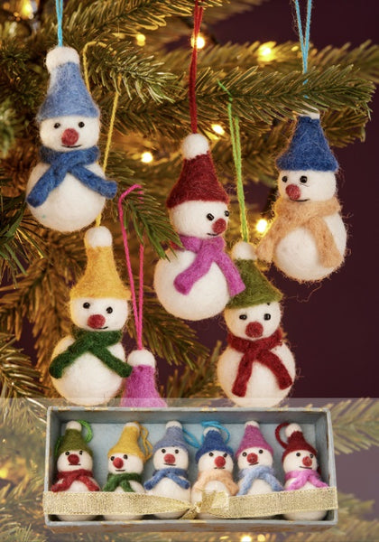 Mini Felt Snowmen Hanging Tree Decorations Box of 6