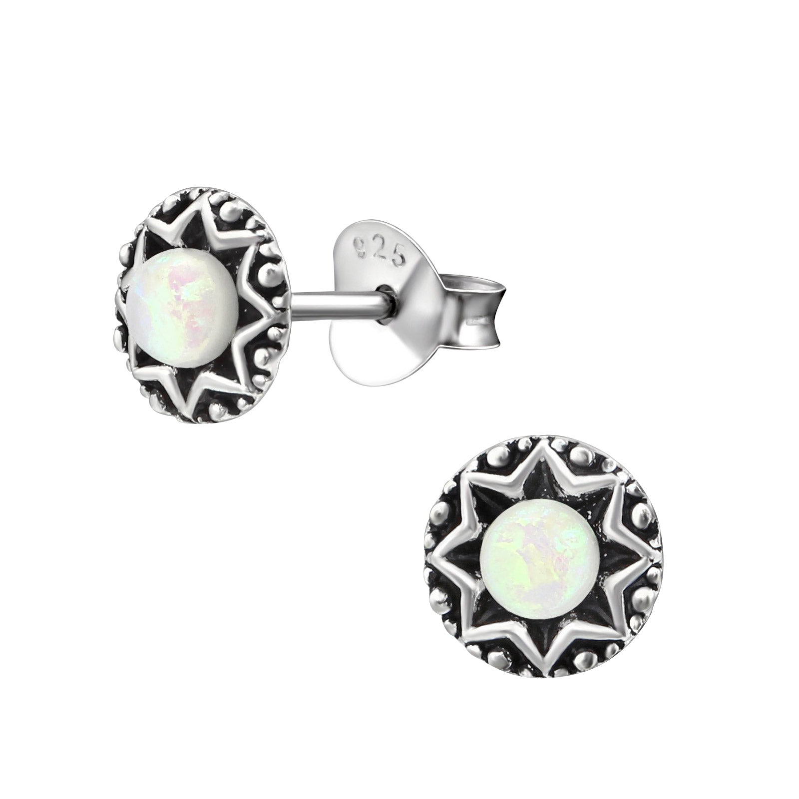 White Faux Opal Sterling Silver Stud Earrings