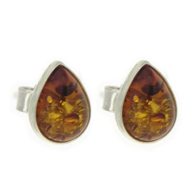 Nova Silver Teardrop Cognac Amber Stud Earrings