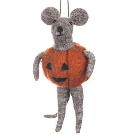 Felted mouse ornament with pumpkin on a white background