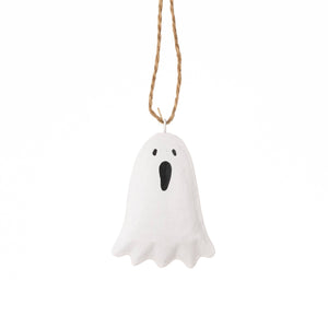 White ghost decoration hanging on a rope against a white background