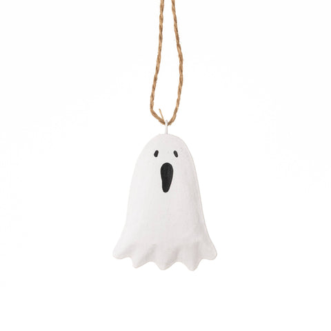 White ghost decoration hanging on a rope against a white background