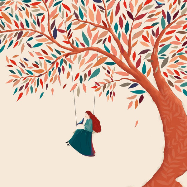 Colorful tree with a swing and a person on it against a beige background