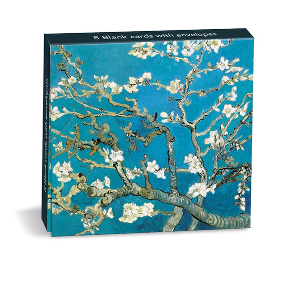 Box of blank cards with envelopes featuring Van Gogh's 'Almond Blossom' design on a blue background.