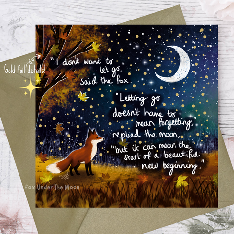 Greeting card with fox and moon illustration and inspirational quote on a starry night background.