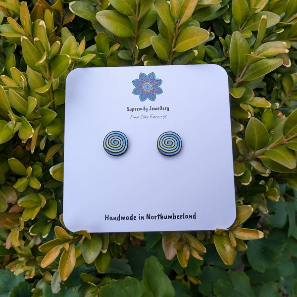 Pair of circular earrings on a Supremely Jewellery card with green foliage background