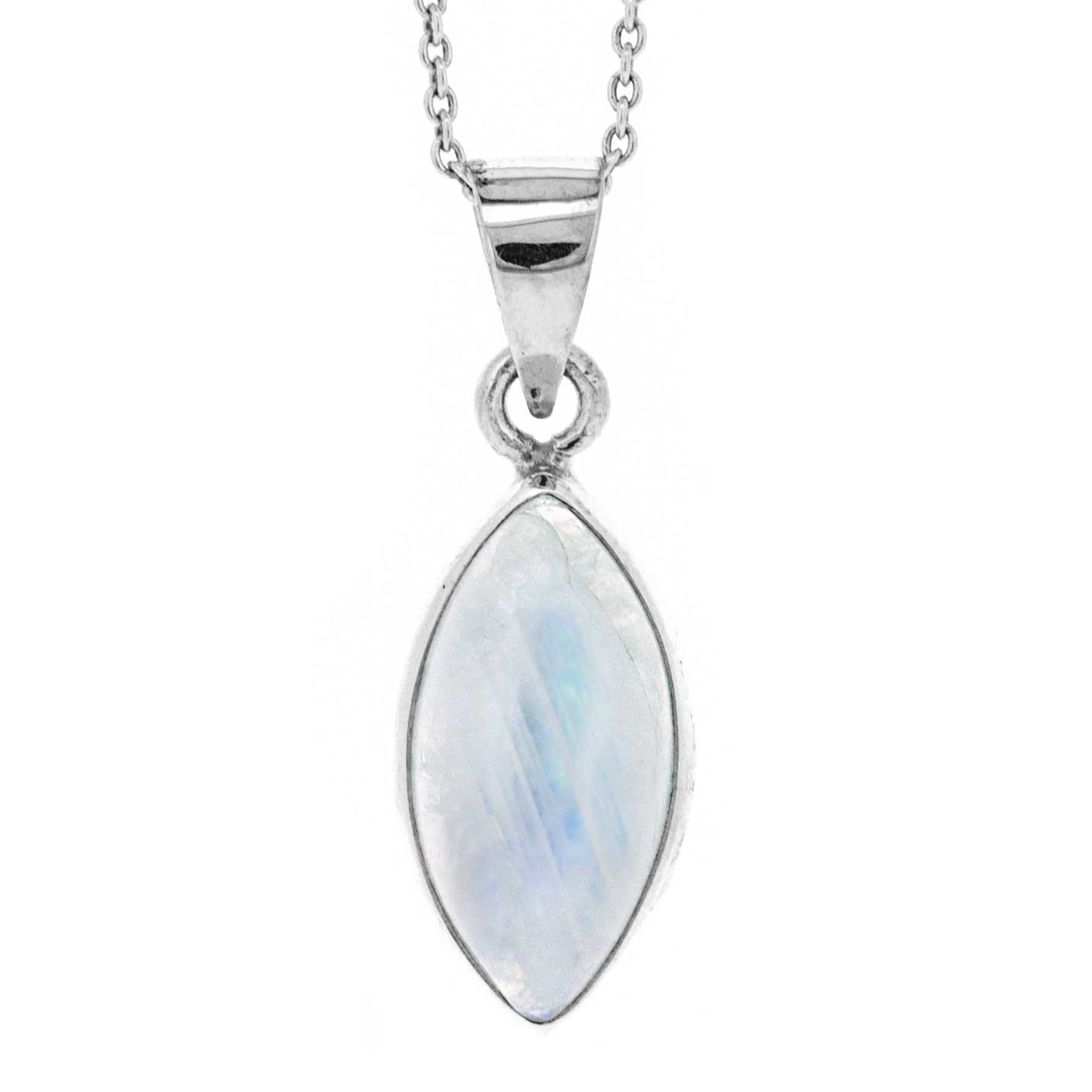 Silver pendant with a marquise-shaped rainbow moonstone on a white background