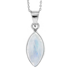 Silver pendant with a marquise-shaped rainbow moonstone on a white background
