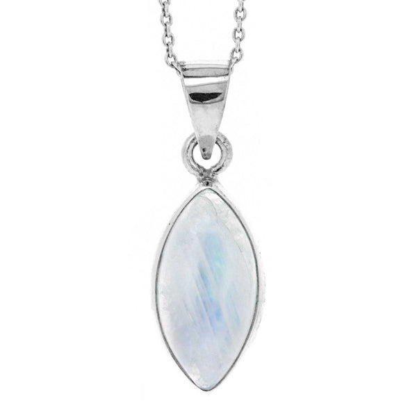 Silver pendant with a marquise-shaped rainbow moonstone on a white background