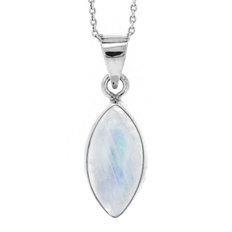 Silver pendant with a marquise-shaped rainbow moonstone on a white background