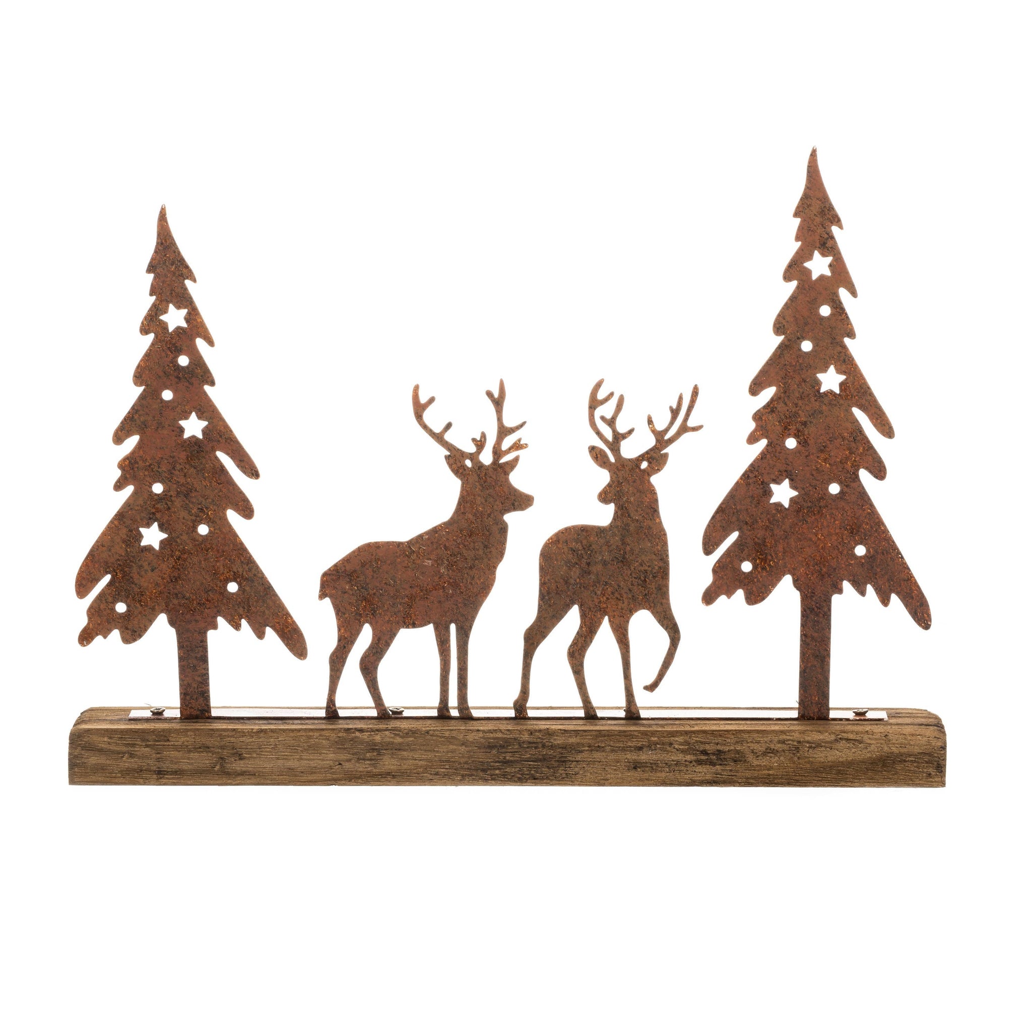 Decorative metal sculpture of two deer and two trees on a wooden base.