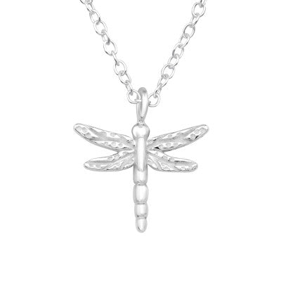 Silver dragonfly pendant necklace on a white background