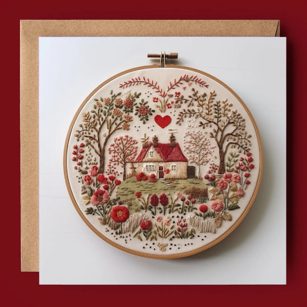 Embroidered Folk Cottage Greetings Card GP01