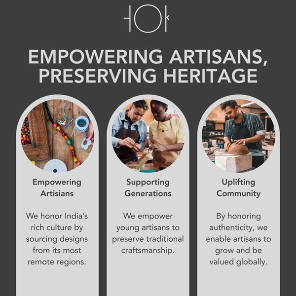 Promotional graphic for a brand that empowers artisans and preserves heritage with text and images of people working.