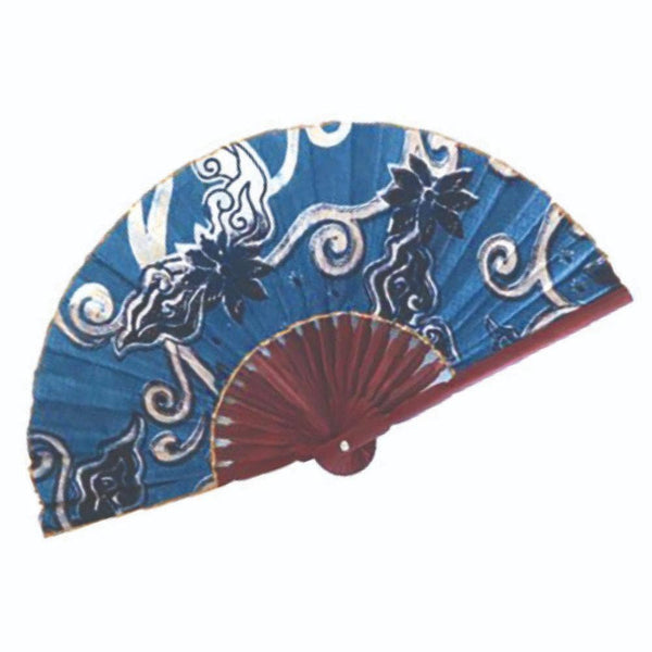 Blue and red hand fan with intricate patterns on a white background