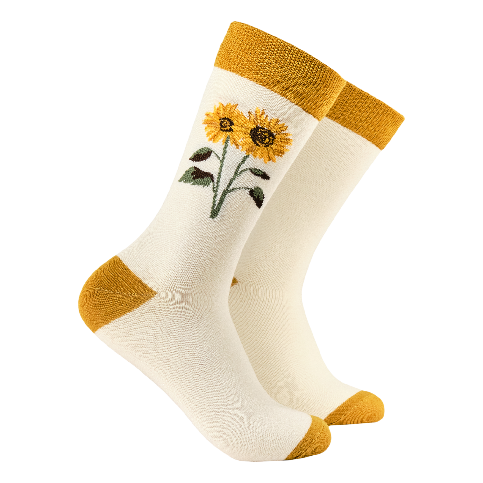 White socks with yellow sunflower design and matching cuffs and toes on a white background