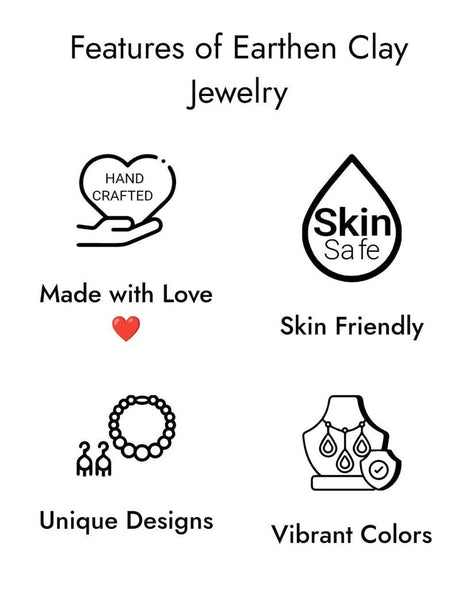 Features of earthen clay jewelry displayed with icons and text on a white background.