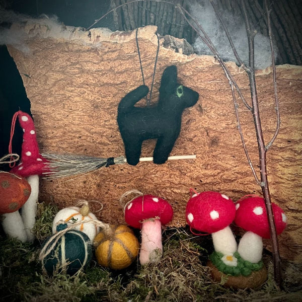 Flying Black Cat Needle Felted Hanging Decoration